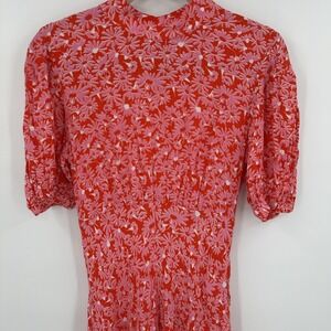 Ghost London Dress Womens Small Red Pink Floral Maxi Puff Sleeve‎ Viscose Boho